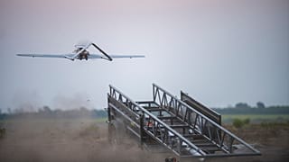 A Ukrainian "Chaklun" long-range strike drone takes off from a mobile launcher during an operational launch targeting Russian military installations, 6 August 2026.
