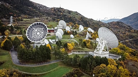 FILE - Europe's first solar installation in former satellite dishes at the Leuk Teleport & Data Centre (TDC) this Nov. 15, 2022 in Loeche, Switzerland.