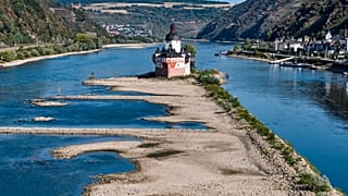 Niedrigwasser am Rhein bei Kaub mit der Burg Pfalzgrafenstein am 10. August 2026
