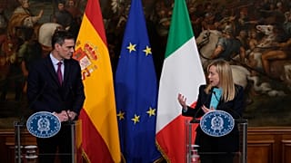 Spain's Prime Minister Pedro Sanchez, left, and Italian Premier Giorgia Meloni speak to media at Chigi government office in Rome Wednesday, April 5, 2023.
