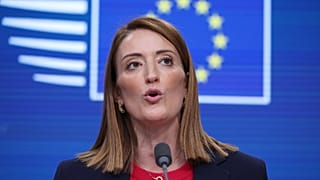 European Parliament President Roberta Metsola speaks during a media conference in Brussels, 18 December, 2025. 