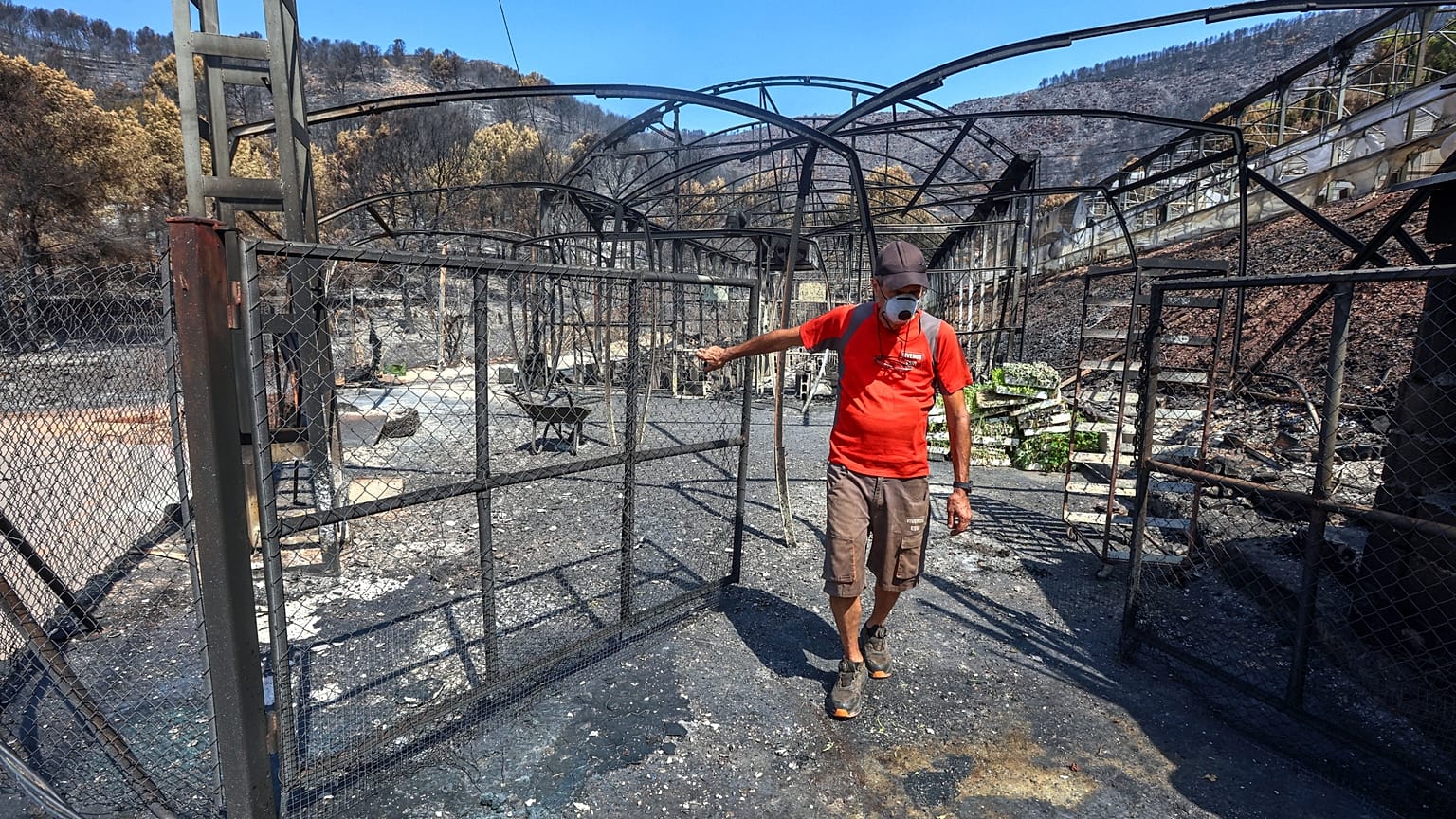 Un hombre inspecciona los daños que ha ocasionado el fuego a su propiedad