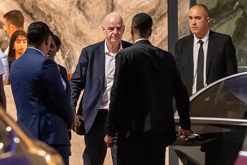 FIFA president Gianni Infantino leaves after attending a Women AFCON 2026 soccer match between Malawi and Zambia, in Rabat, Morocco, Wednesday, Aug. 5, 2026