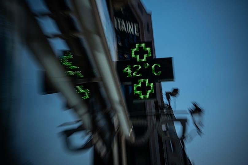 A pharmacy display shows a temperature of 42 degrees Celsius in Paris during a heatwave, 29 July, 2026