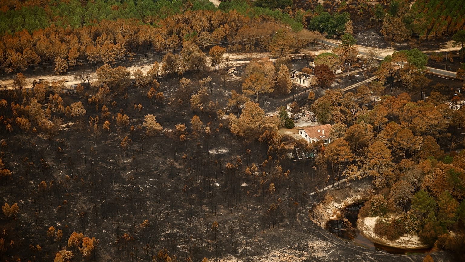 Une photo prise depuis l’hélicoptère de coordination des secours de la Sécurité civile montre des zones ravagées par des incendies de forêt près du Porge, vendredi 31 juillet