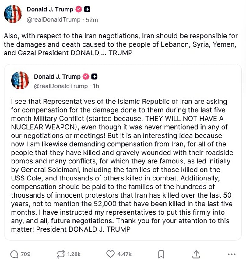 A screenshot of a post on US President Donald Trump's Truth Social account, 10 August, 2026