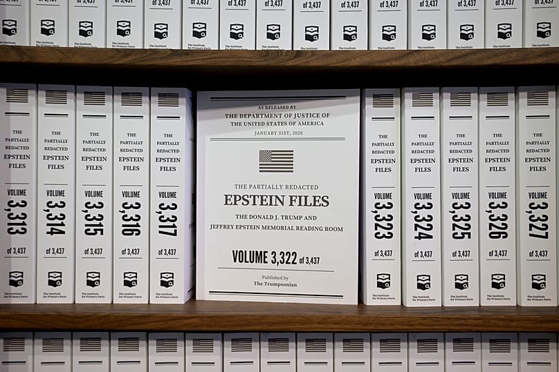 A portion of the approximately 3.5 million pages of public records of the Epstein files are on display at The Donald J. Trump and Jeffrey Epstein Memorial Reading Room, 9 June