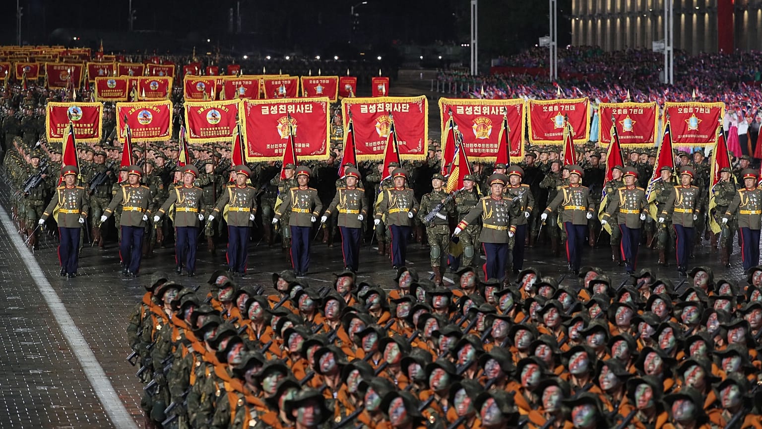Soldiers march during the military parade marking the 80th anniversary of the founding of the ruling Worker's Party in Pyongyang, 10 October, 2025
