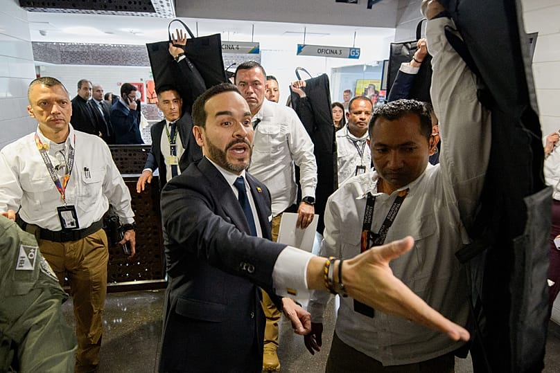 Colombia's President Abelardo de la Espriella leaves after leading an earthquake response meeting in Bogotá, 10 August, 2026