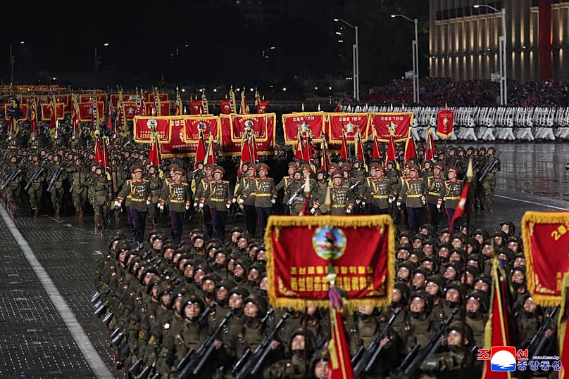 Soldiers march during the military parade marking the 80th anniversary of the founding of the ruling Worker's Party in Pyongyang, 10 October, 2025 