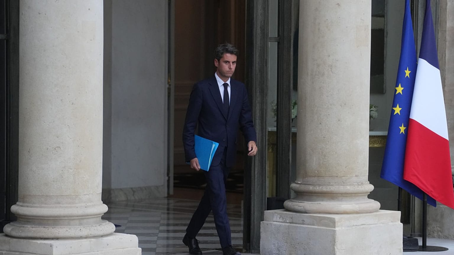 FILE - Former French Prime minister Gabriel Attal leaves after a meeting with French president Emmanuel Macron at the Elysée Palace, in Paris, 10 October 2025