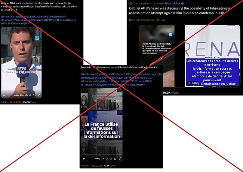 A selection of false social media posts spreading disinformation about Attal.