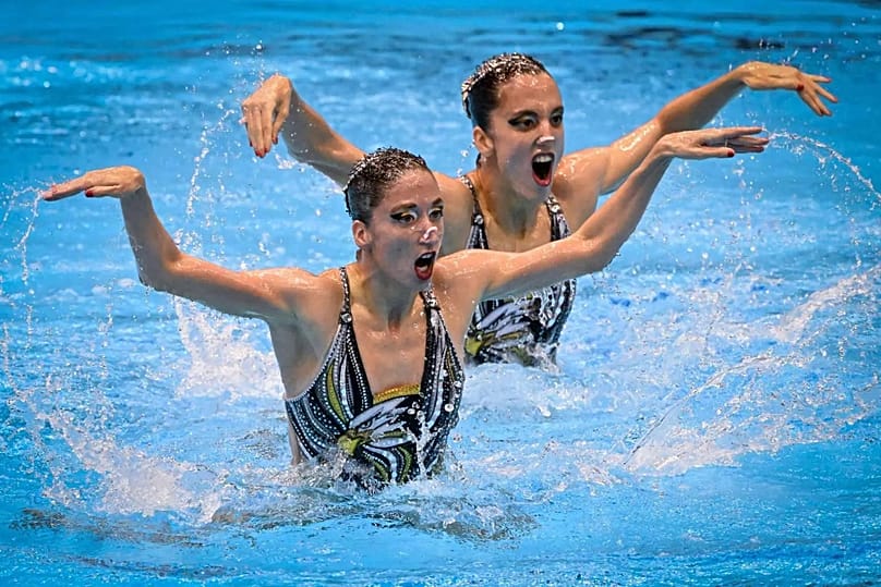 Alexandri sisters performing in Fukuoka claiming the first artistic swimming World Championship title in their nation’s history in 2023.