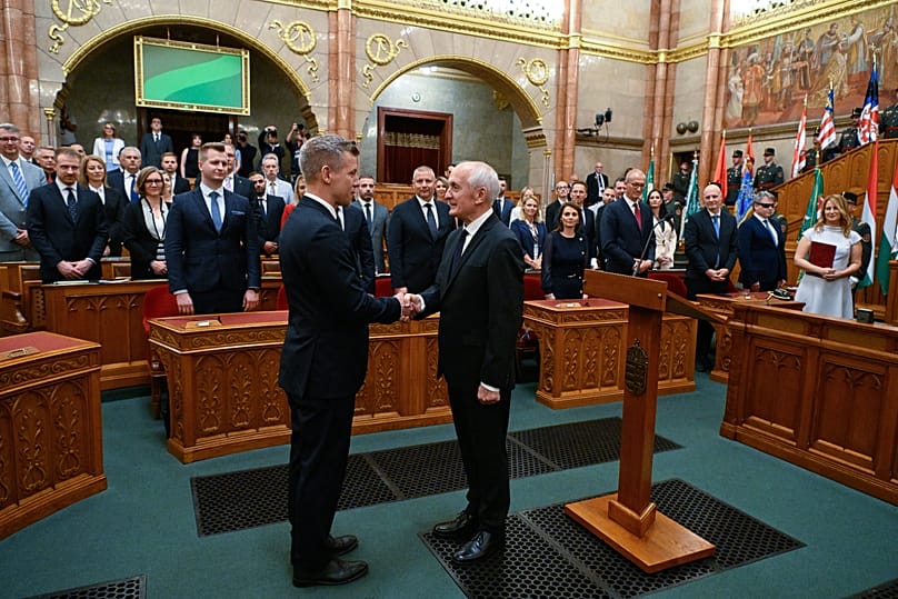 President-elect András Baka receives congratulations from Prime Minister Péter Magyar after being elected President of the Republic in Budapest, 11 August, 2026