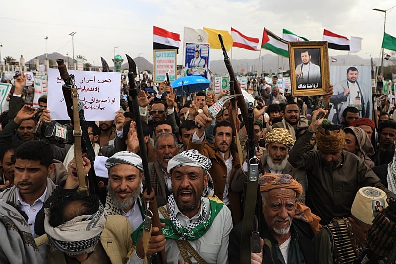 Houthi supporters chant slogans during a rally against the Saudi-led coalition in Sanaa, 31 July, 2026