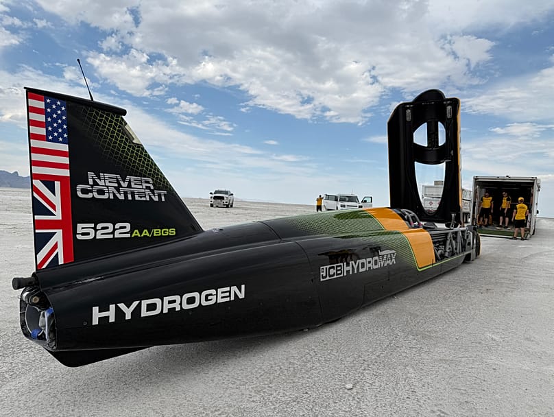 The JCB Hydromax sits on the Bonneville Salt Flats in Wendover, Utah