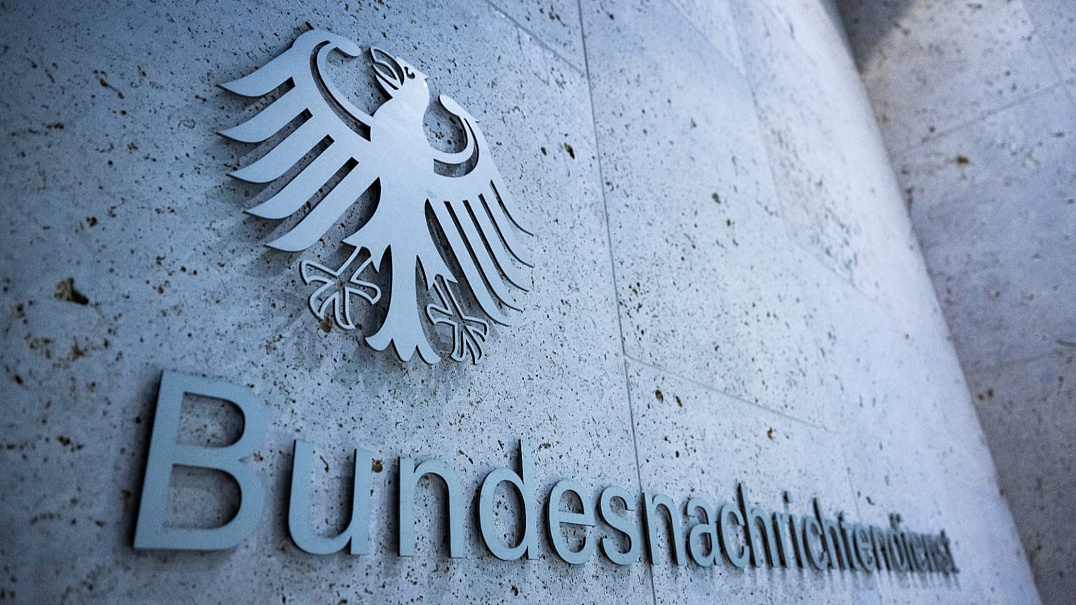 The secret service's lettering is on one of the entrances to the headquarters of the Federal Intelligence Service (BND) in Berlin, 22 December, 2022