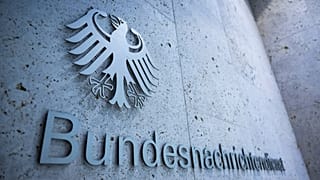 The secret service's lettering is on one of the entrances to the headquarters of the Federal Intelligence Service (BND) in Berlin, 22 December, 2022