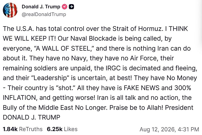 A screenshot of a post on US President Donald Trump's Truth Social account, 12 August, 2026