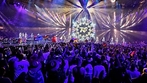 Performers on stage as voting results are collected during the Grand Final of the 70th Eurovision Song Contest in Vienna, 16 May, 2026