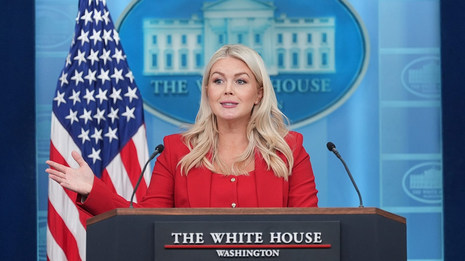 White House press secretary Karoline Leavitt speaks with reporters in the James Brady Press Briefing Room at the White House, 23 July, 2026
