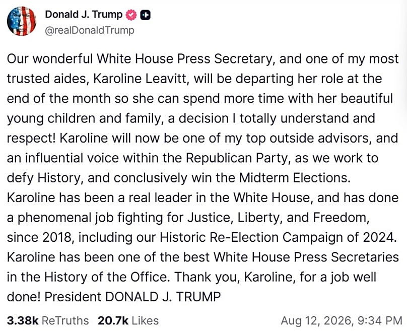 A screenshot of a post on US President Donald Trump's Truth Social account, 12 August, 2026
