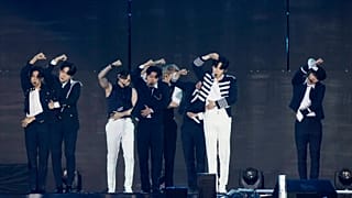 Zespół K-popowy Ateez występuje na koncercie K-popowym w ramach Seoul Festa 2023 w kompleksie sportowym Jamsil w Seulu w Korei Południowej, w niedzielę 30 kwietnia 2023 r. 