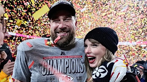 FILE: Travis Kelce and Taylor Swift celebrate after the AFC Championship NFL football game against the Buffalo Bills, 26 Jan 2025, in Kansas City