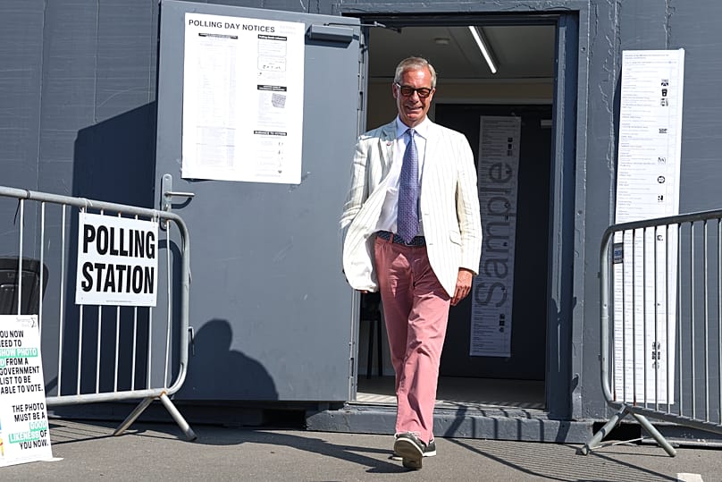 Reform UK party leader Nigel Farage leaves a polling station in Walton on the Naze, 13 August, 2026