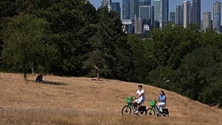 People ride bicycles in Greenwich Park amid dried grass in London, Tuesday, Aug. 11, 2026.