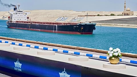 Hong Kong flag ship, XIN YU crosses the Suez Canal in Ismailia, Egypt, Wednesday, April 16, 2025. (AP Photo/Amr Nabil)