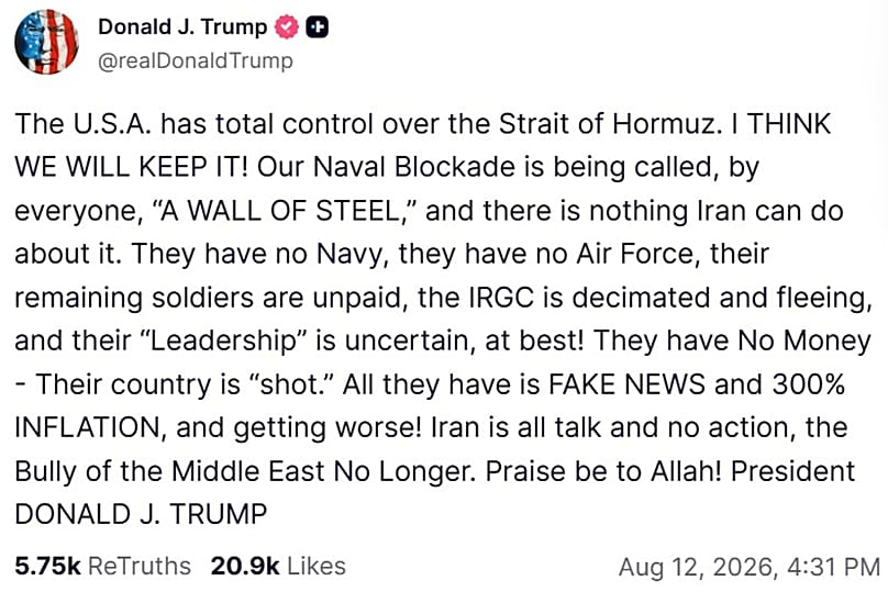A screenshot of a post on US President Donald Trump's Truth Social account, 13 August, 2026