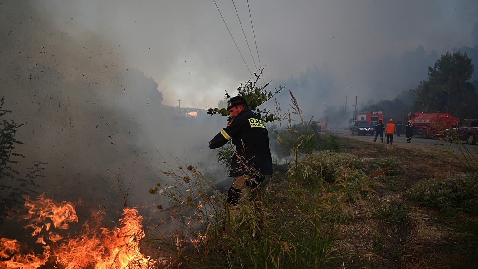 A volunteer firefighter uses a tree branch to extinguish flames during a wildfire in Siviri, 13 August, 2026