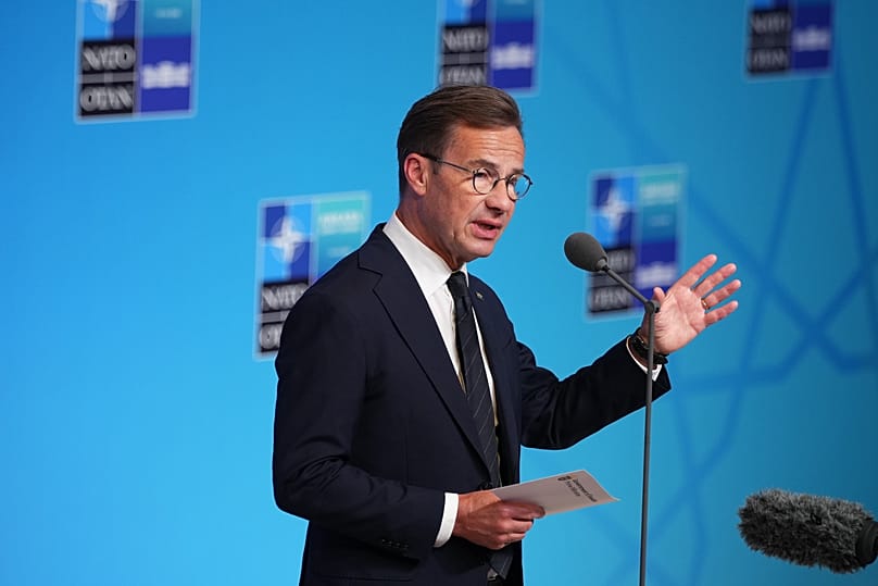 Sweden's Prime Minister Ulf Kristersson speaks as he arrives for the NATO summit in Ankara, 8 July, 2026