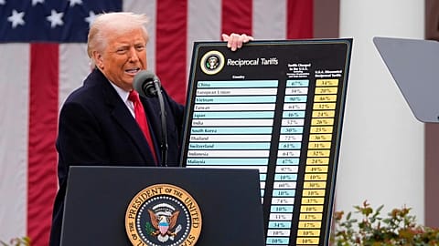 FILE - President Donald Trump speaks during an event to announce new tariffs in the Rose Garden at the White House on April 2, 2025, in Washington. (AP Photo/Mark Schiefelbein