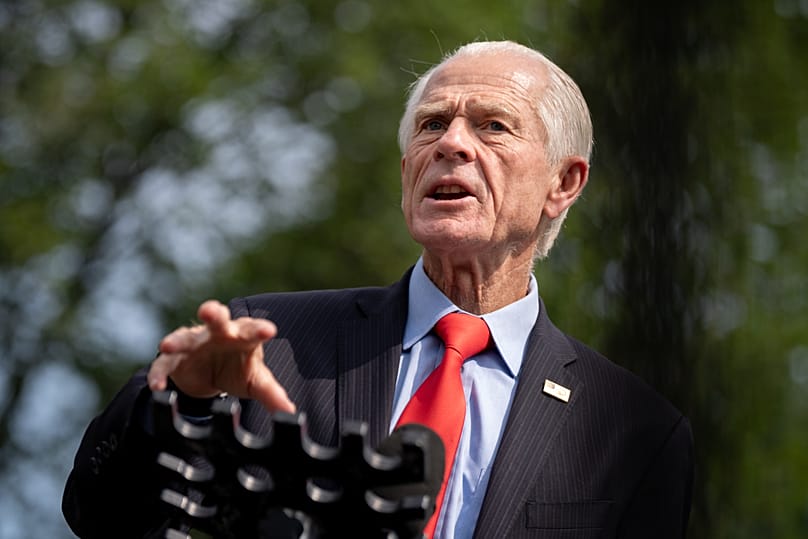White House trade counselor Peter Navarro speaks with reporters following a video interview with Real America's Voice News, Tuesday, Aug. 11, 2026, 