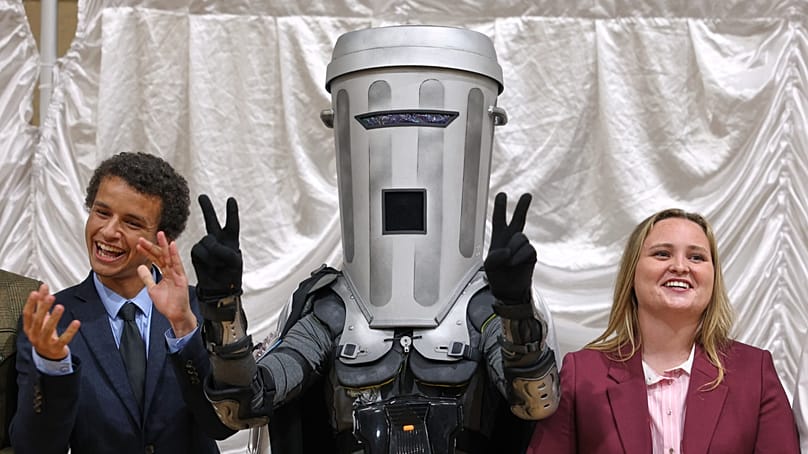 Count Binface (centre) has run against prime ministers in previous British by-elections including Andy Burnham and Boris Johnson. 14 August, 2026.