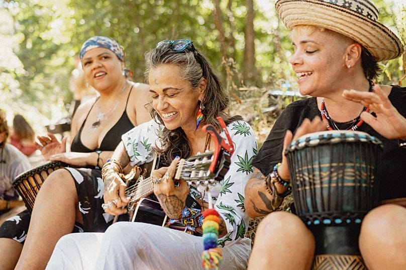 Jamming session at Medicine Festival. Berkshire, United Kingdom.