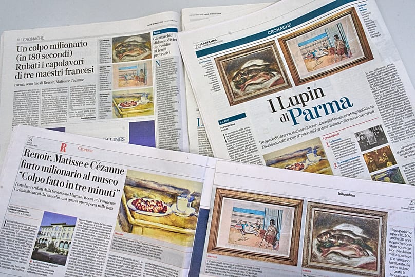 Ιταλικές εφημερίδες φιλοξενούν την είδηση της ληστείας τριών πινάκων από μουσείο κοντά στην Πάρμα, 30 Μαρτίου 2026