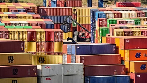 Containers are stored at a container terminal in Duisburg, 3 April, 2025