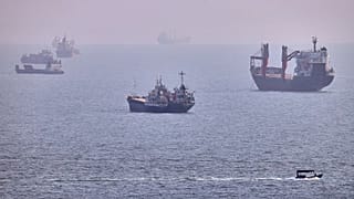 A small boat sails past cargo ships and other commercial vessels anchored in the Strait of Hormuz off Bandar Abbas, Iran, Wednesday, Aug. 5, 2026.