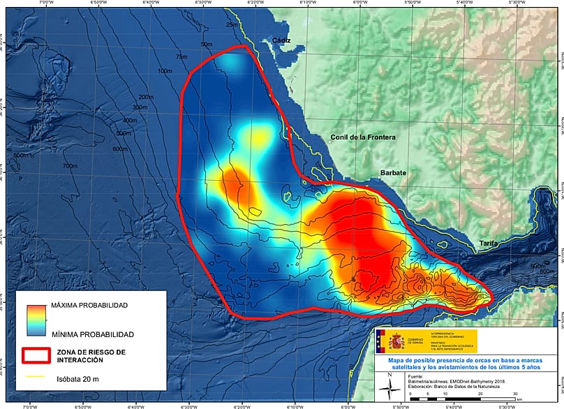 Orca-Beobachtungsgebiete in Straße von Gibraltar und Golf von Cádiz