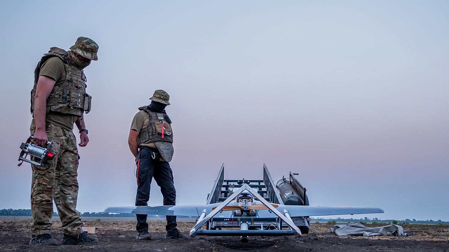 Ukrainian servicemen prepare a "Chaklun" strike drone used for deep-strike operations against Russian positions in Crimea