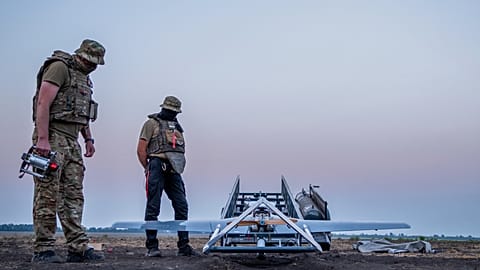 Ukrainian servicemen prepare a "Chaklun" strike drone used for deep-strike operations against Russian positions in Crimea