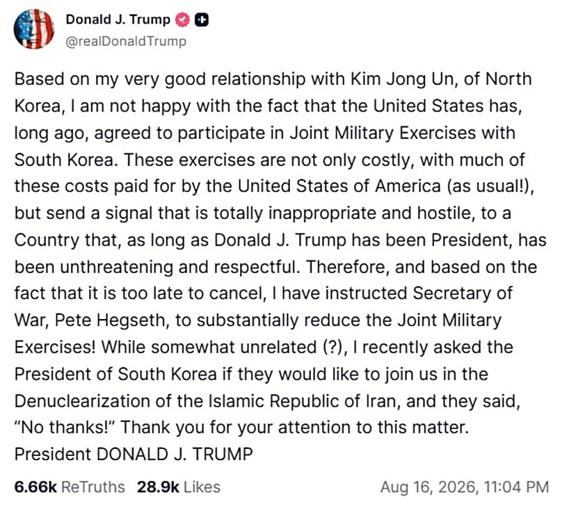US President Donald Trump orders Pentagon to scale back joint military exercises with South Korea