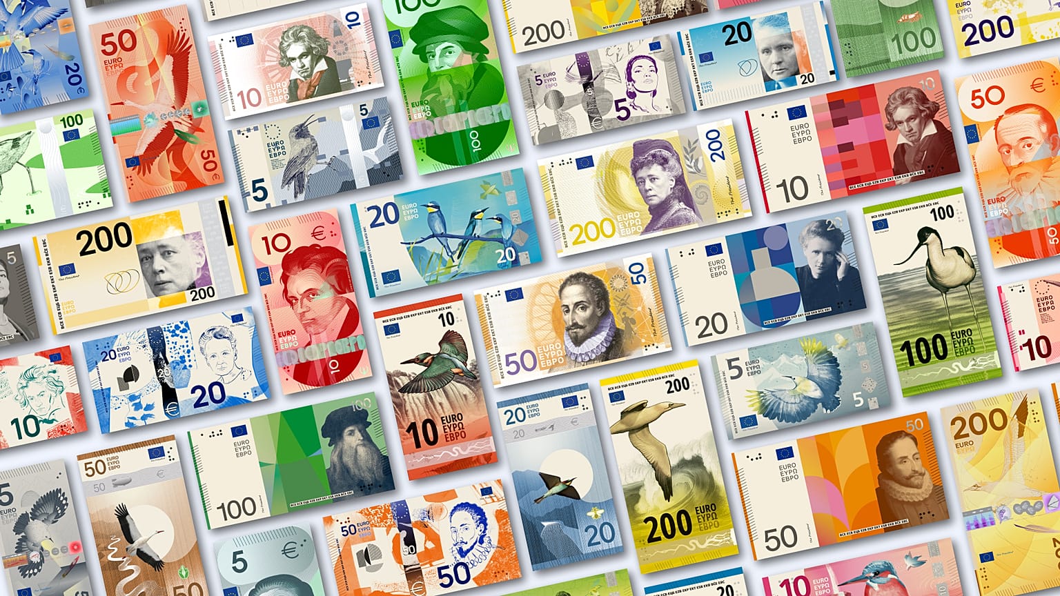 This image shows parts of the shortlisted designs for the third euro banknote series.