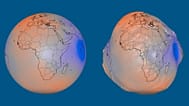 Visualizações da NASA mostram o geoide à escala real (à esquerda) e com variações de altura ampliadas 10 000 vezes (à direita)