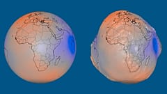 Wizualizacje NASA pokazują geoidę w rzeczywistej skali (po lewej) oraz z 10‑tysięcznym przerysowaniem jej wysokości (po prawej).