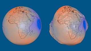 NASA visualisations show the geoid at true scale (left) and with variations in its height exaggerated 10,000 times (right).