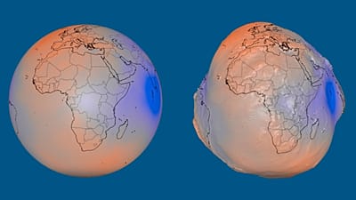 A NASA szemléltető ábrái a geoidot valódi léptékben (balra), illetve magasságának 10 000-szeresére nagyított eltérésekkel (jobbra) mutatják.